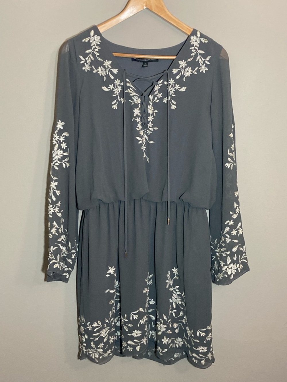 White House Black Market Slate Gray Floral-Embroidered Long Sleeve Mini Dress